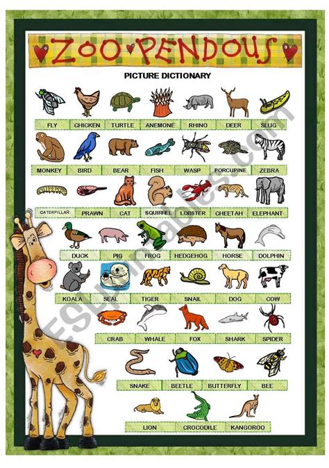 ZOO PENDOUS   PICTURE DICTIONARY  animals    PART 1   ESL worksheet by ...