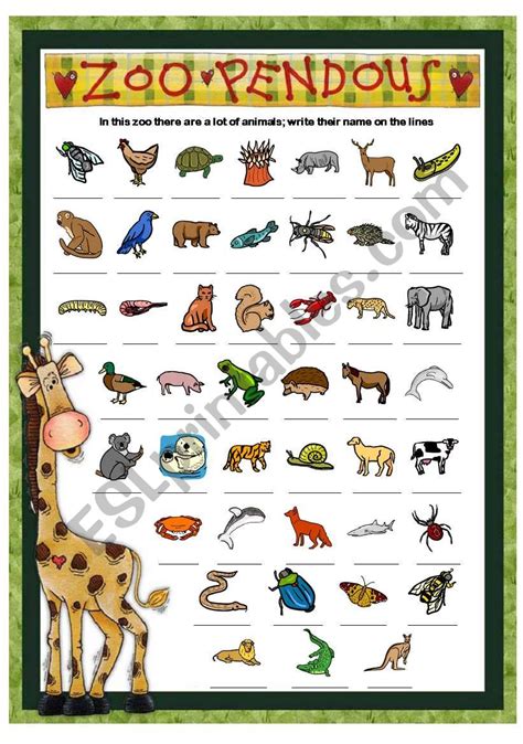 ZOO PENDOUS   WRITE THE NAME OF THE ANIMALS   PART 2   ESL worksheet by ...